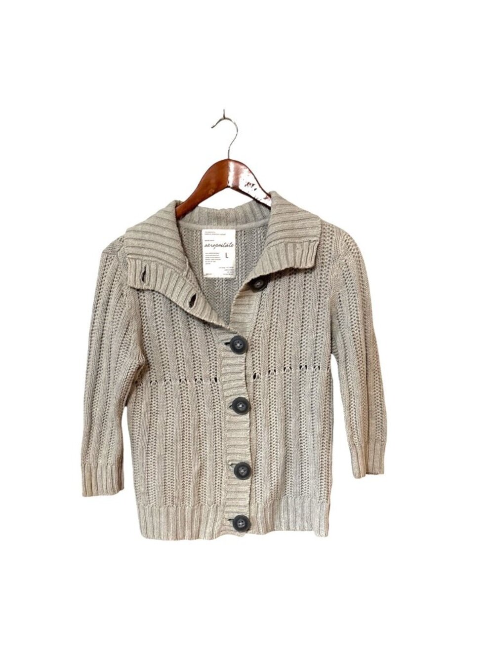 Vtg Aeropostale Women’s  L Tan Cardigan 3/4 Sleeve Cottagecore Spring Netural